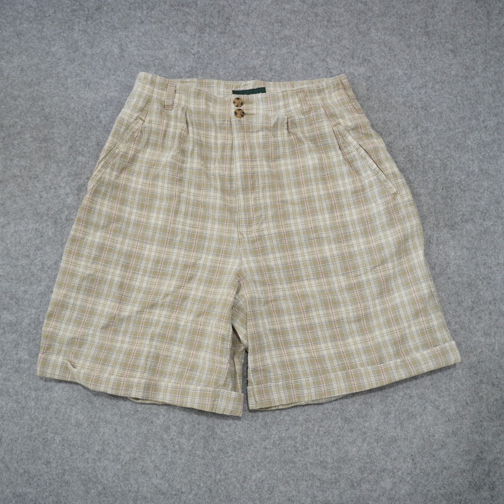 Hunt Club Oversized Pintuck Pleaded Tan Plaid High Rise Shorts Tan Linen Blend